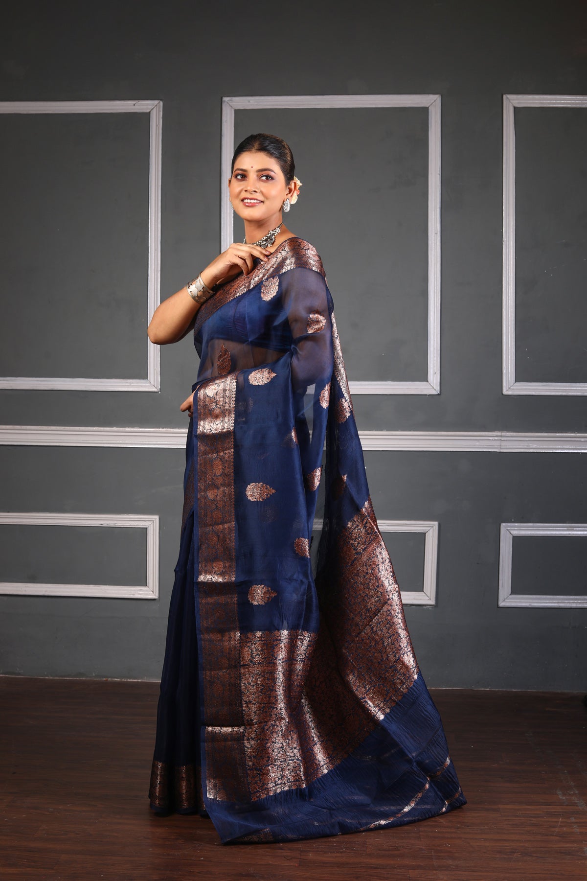 Navy Blue Pure Organza Silk Banarasi Handloom Saree with Zari work