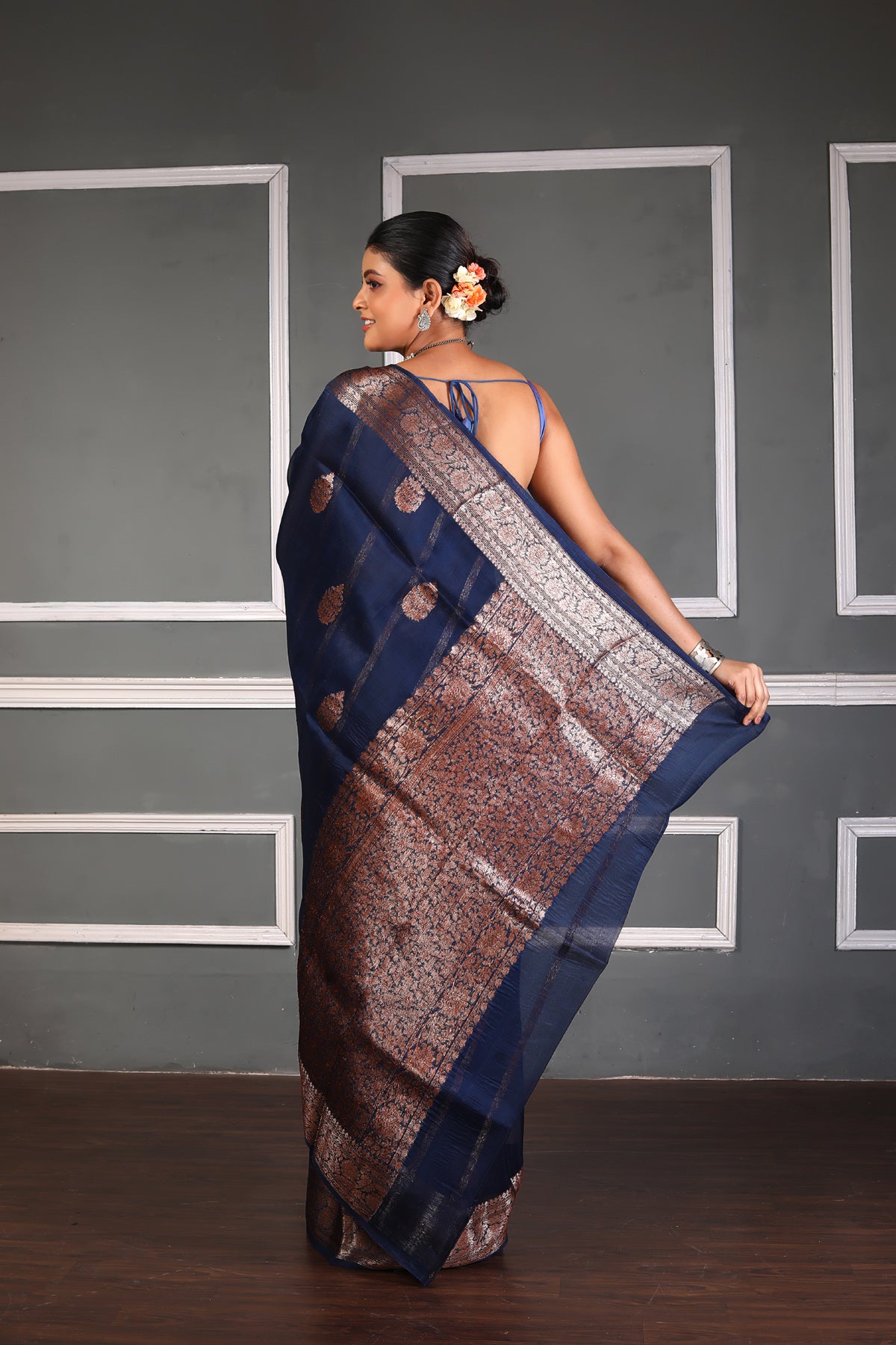 Navy Blue Pure Organza Silk Banarasi Handloom Saree with Zari work