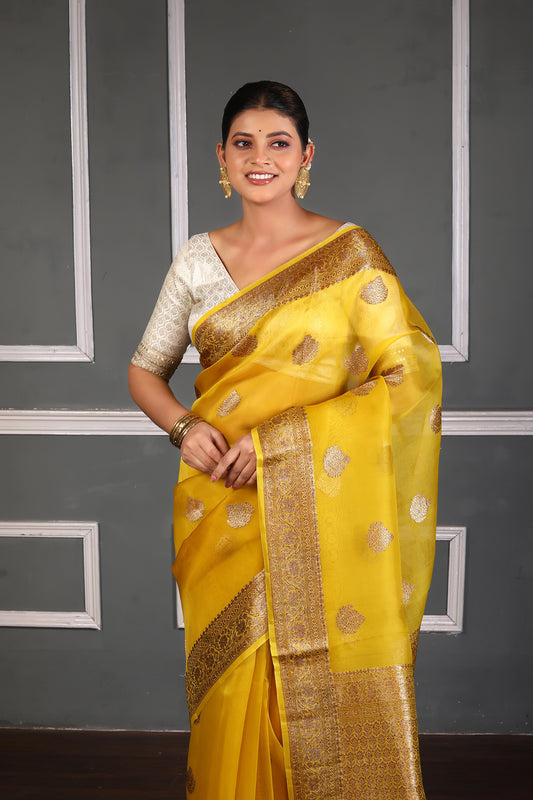Yellow Pure Organza Silk Banarasi Handloom Saree with Zari work