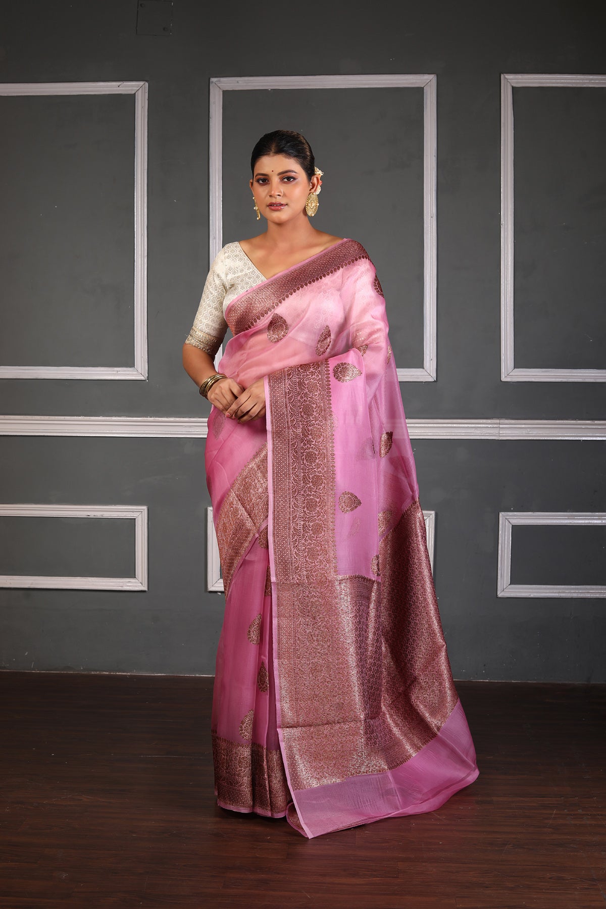 Pink Pure Organza Silk Banarasi Handloom Saree with Zari work