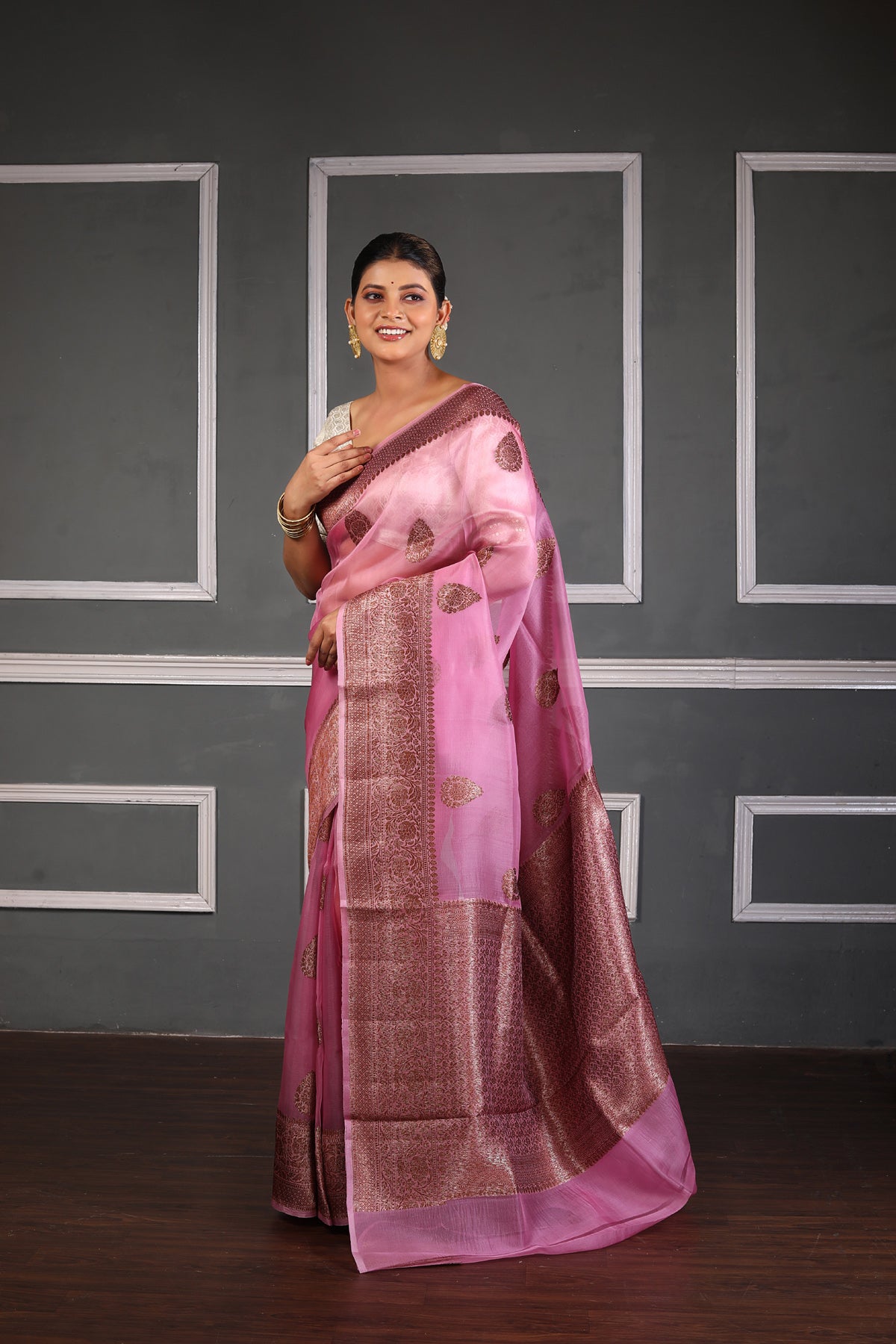 Pink Pure Organza Silk Banarasi Handloom Saree with Zari work