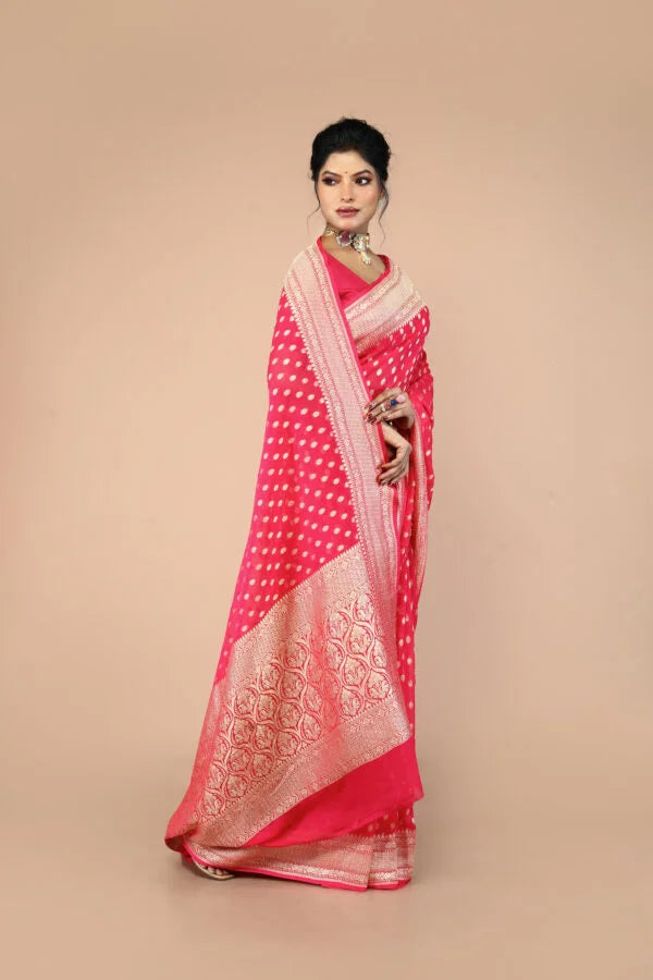 Pink Pure Chiffon Silk Khaddi Georgette Banarasi Handloom Saree with Zari work