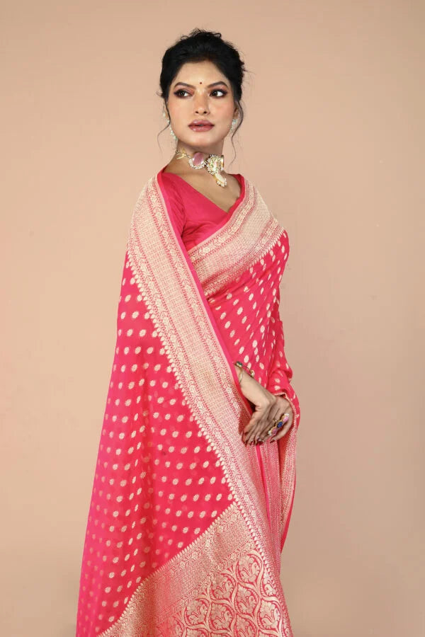 Pink Pure Chiffon Silk Khaddi Georgette Banarasi Handloom Saree with Zari work