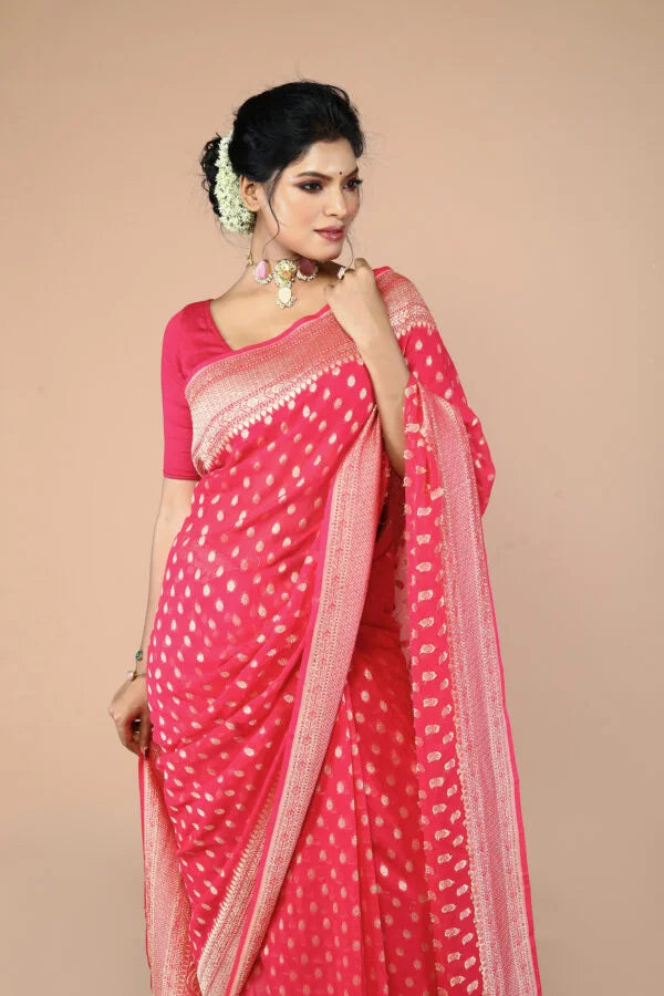 Pink Pure Chiffon Silk Khaddi Georgette Banarasi Handloom Saree with Zari work