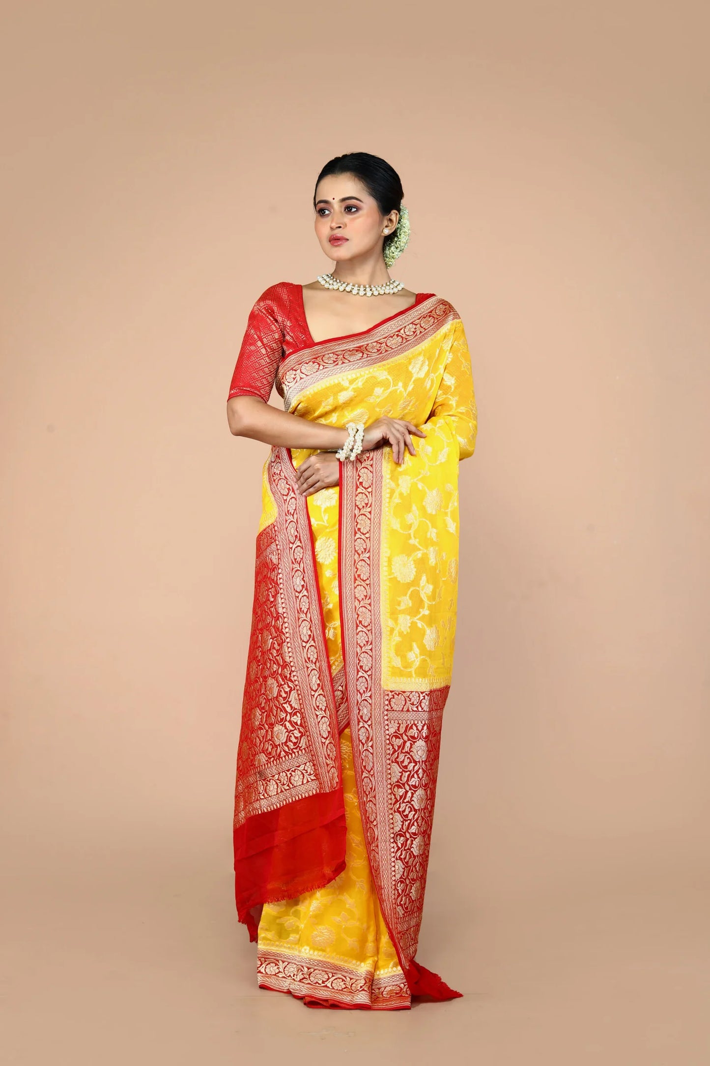 Red Yellow Pure Chiffon Silk Khaddi Georgette Banarasi Handloom Saree with Zari work