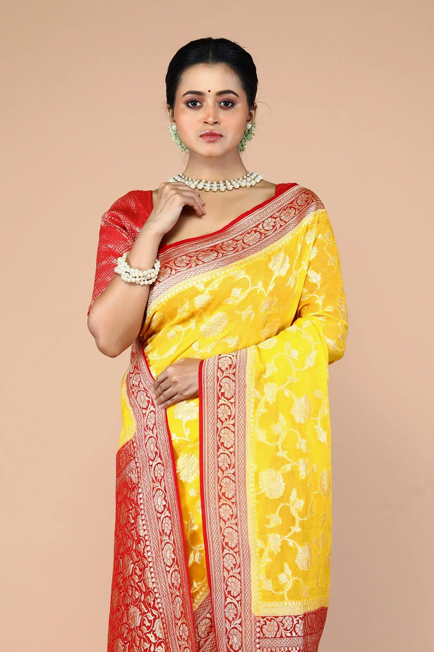 Red Yellow Pure Chiffon Silk Khaddi Georgette Banarasi Handloom Saree with Zari work