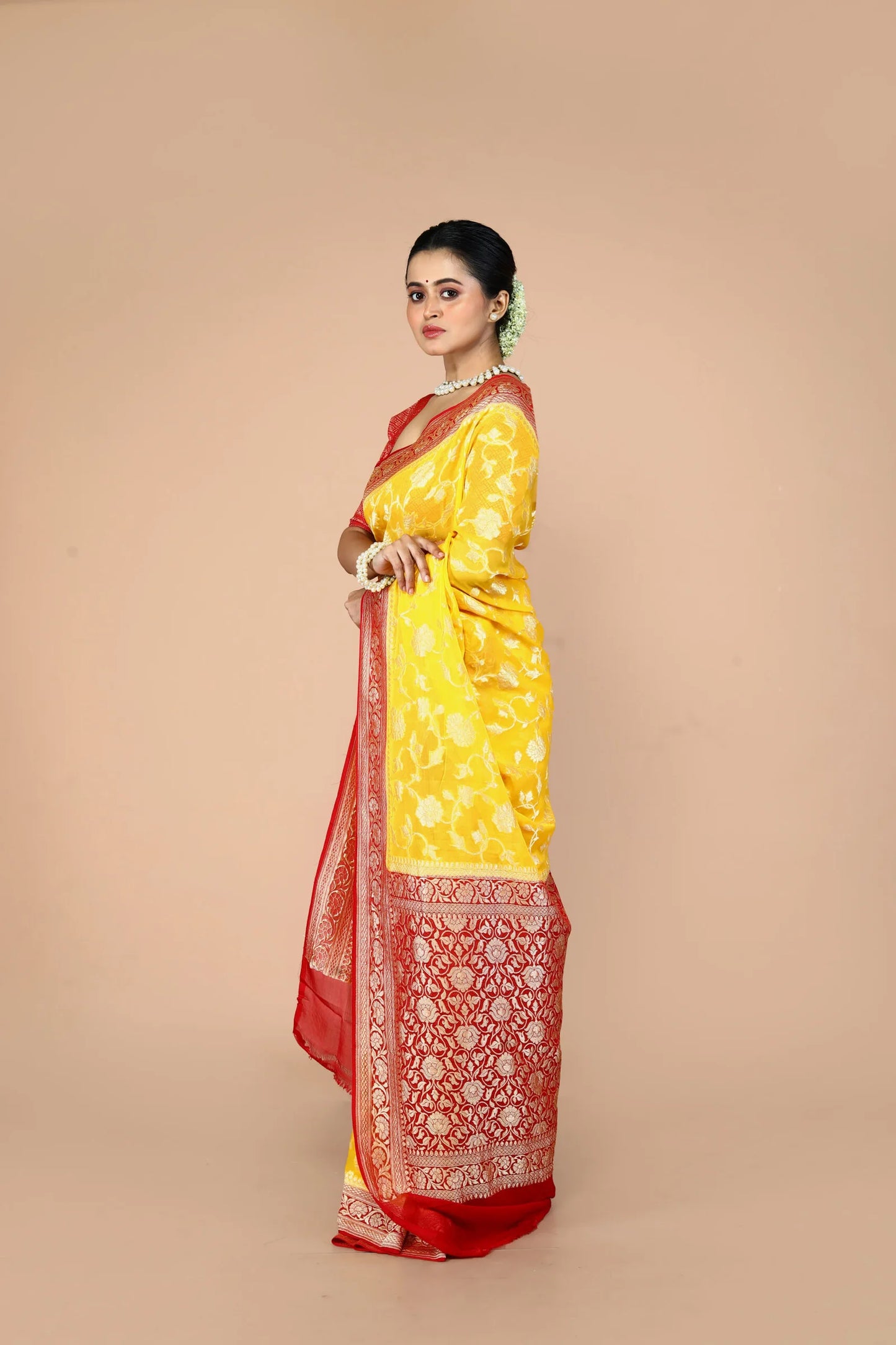 Red Yellow Pure Chiffon Silk Khaddi Georgette Banarasi Handloom Saree with Zari work