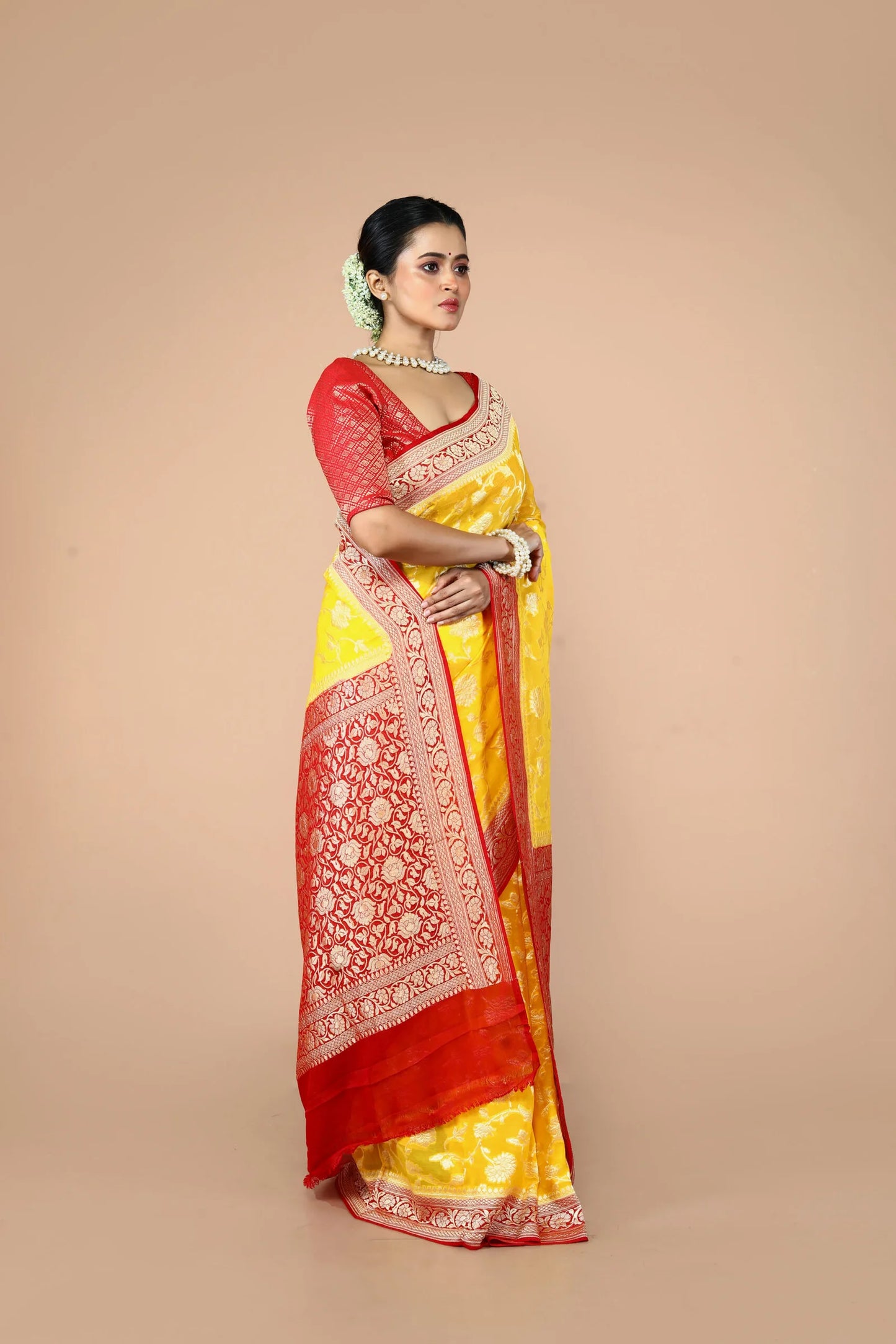 Red Yellow Pure Chiffon Silk Khaddi Georgette Banarasi Handloom Saree with Zari work