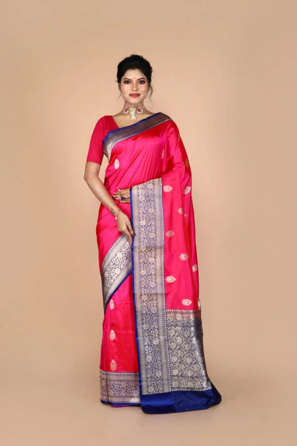 Pink-Navy Blue Pure Katan Silk Banarasi Handloom Saree with Zari work