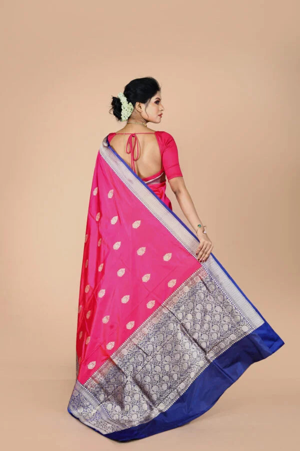 Pink-Navy Blue Pure Katan Silk Banarasi Handloom Saree with Zari work