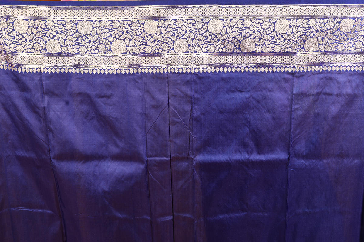 Pink-Navy Blue Pure Katan Silk Banarasi Handloom Saree with Zari work