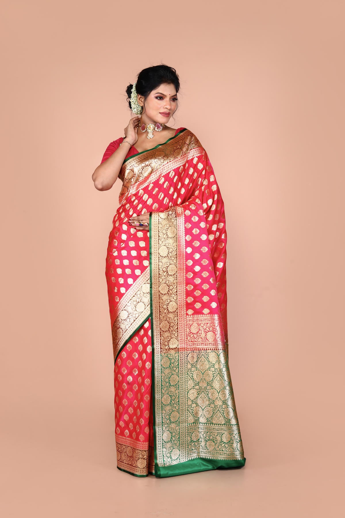 Green-Pink Banarasi Semi-Silk Saree with Zari work