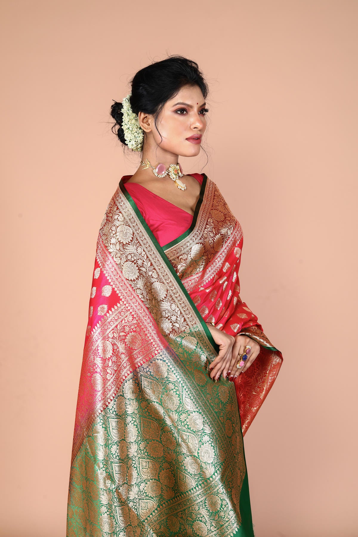 Green-Pink Banarasi Semi-Silk Saree with Zari work