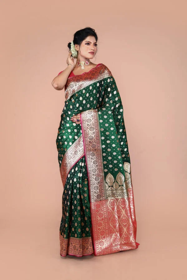 Green-Red Banarasi Semi-Silk Saree with Zari work