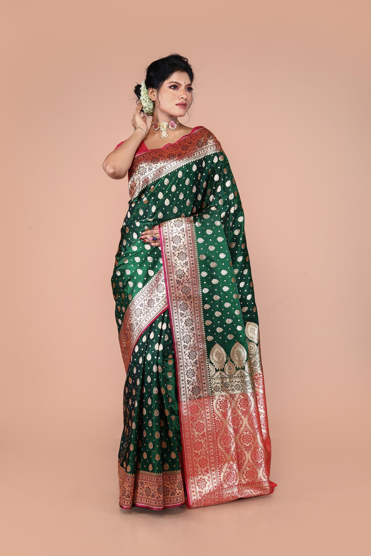 Green-Red Banarasi Semi-Silk Saree with Zari work