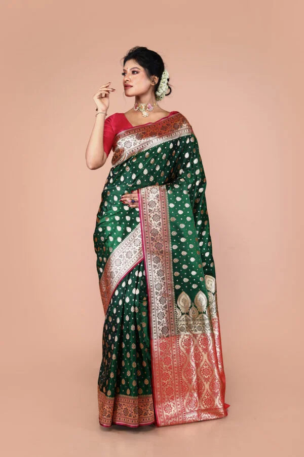 Green-Red Banarasi Semi-Silk Saree with Zari work