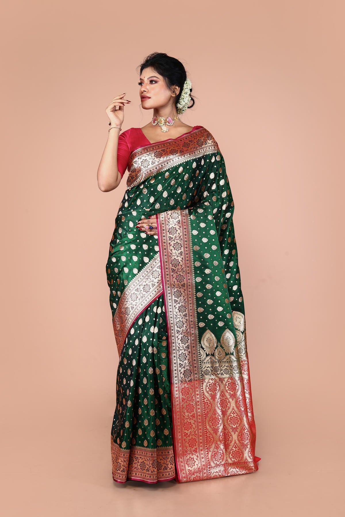 Green-Red Banarasi Semi-Silk Saree with Zari work