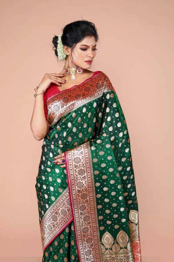 Green-Red Banarasi Semi-Silk Saree with Zari work
