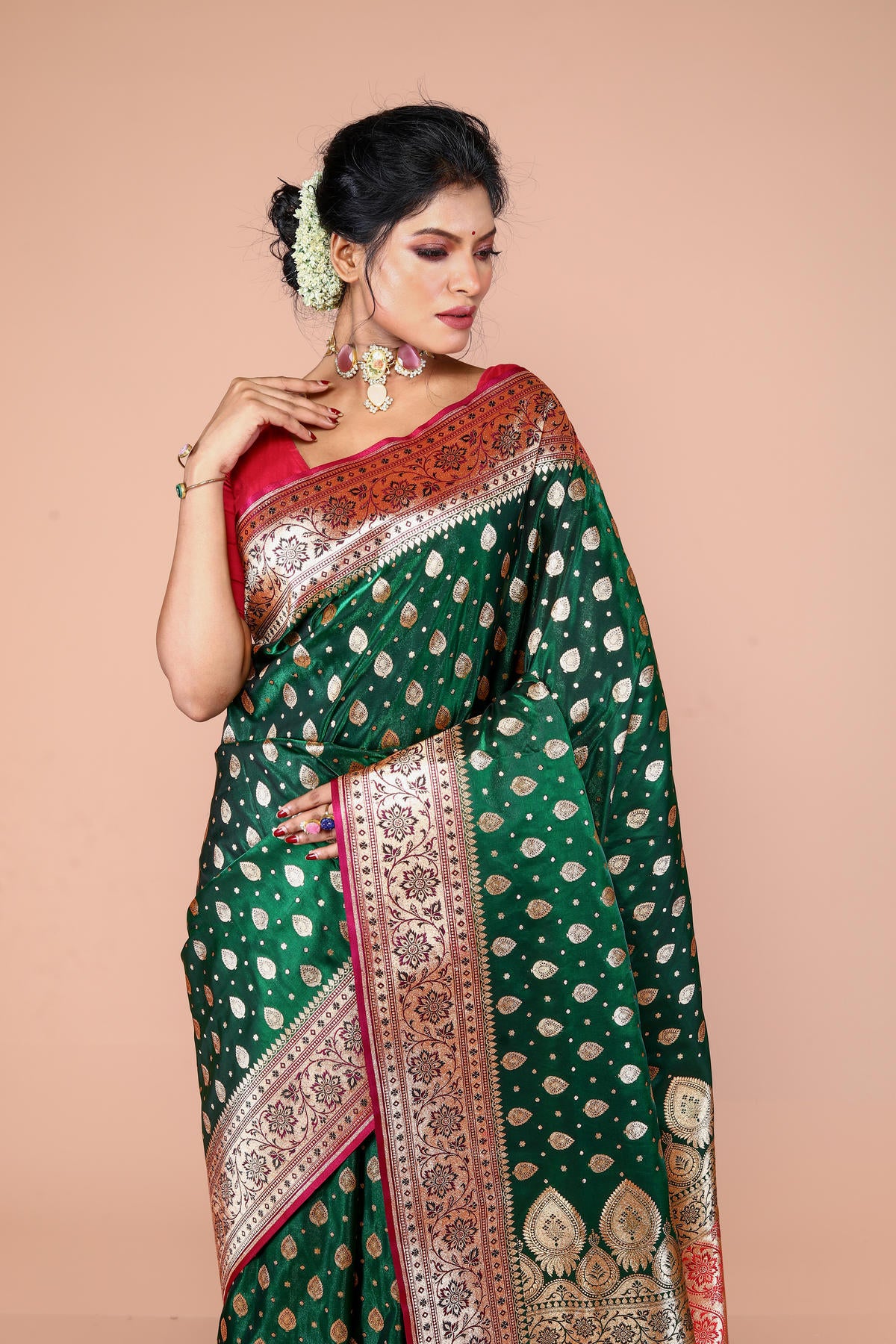 Green-Red Banarasi Semi-Silk Saree with Zari work