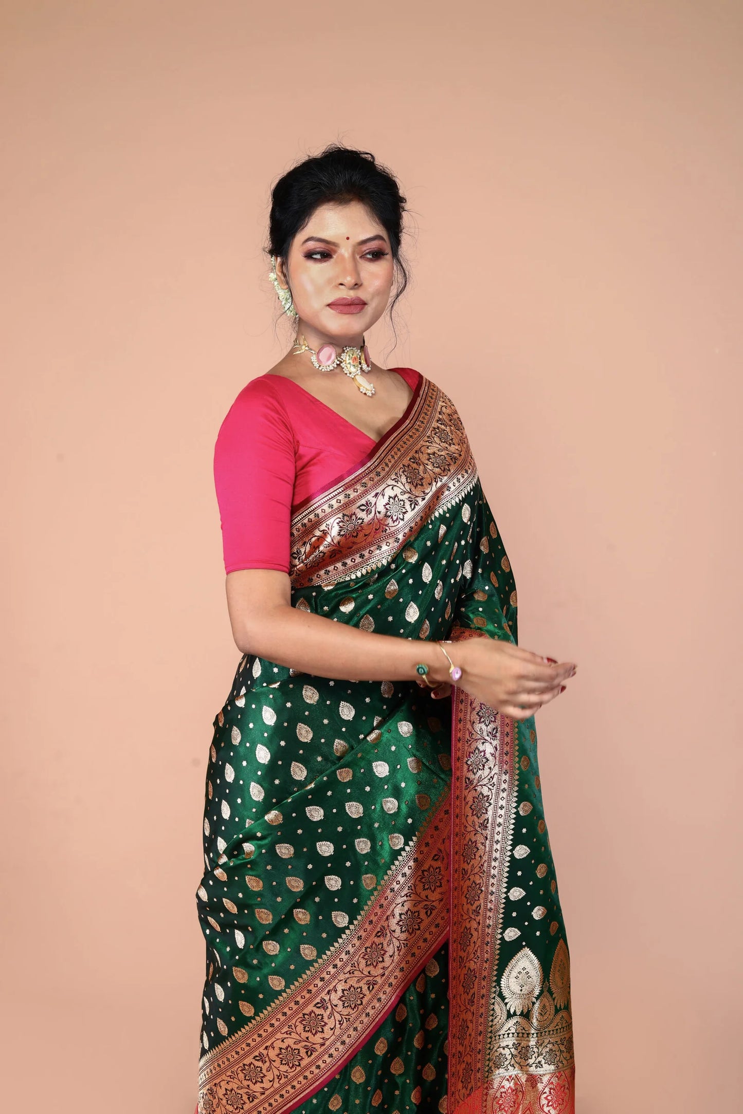 Green-Red Banarasi Semi-Silk Saree with Zari work