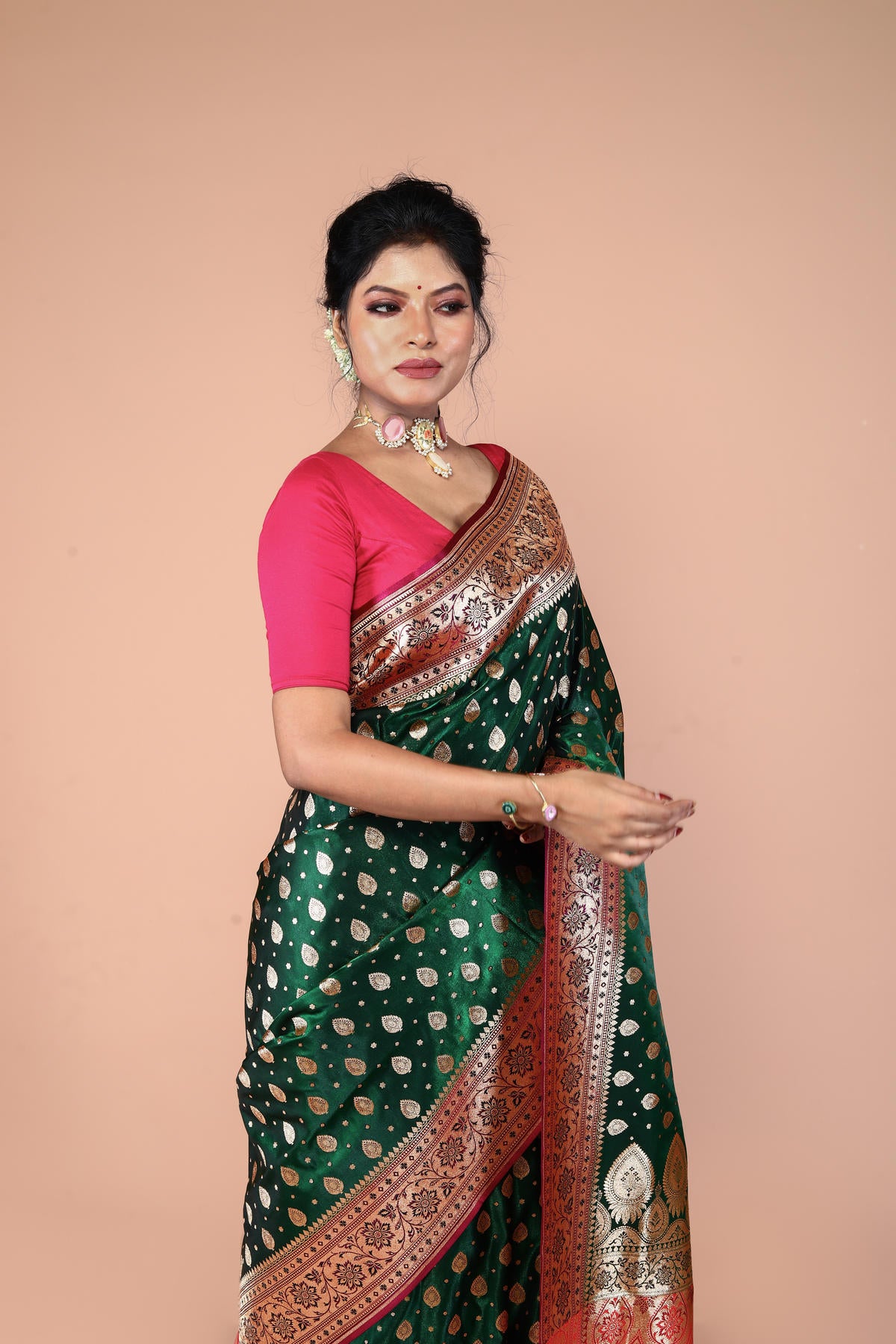 Green-Red Banarasi Semi-Silk Saree with Zari work