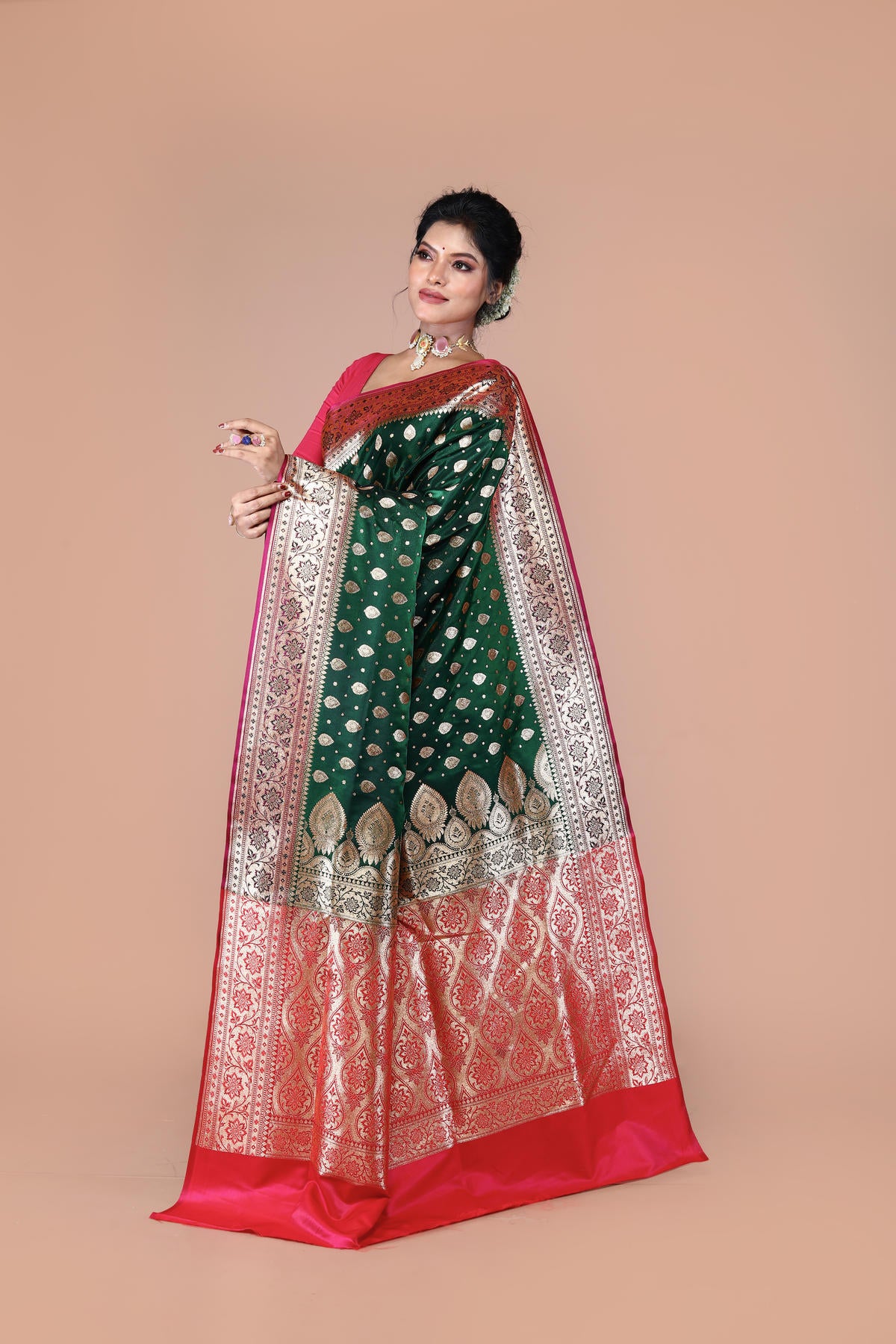 Green-Red Banarasi Semi-Silk Saree with Zari work