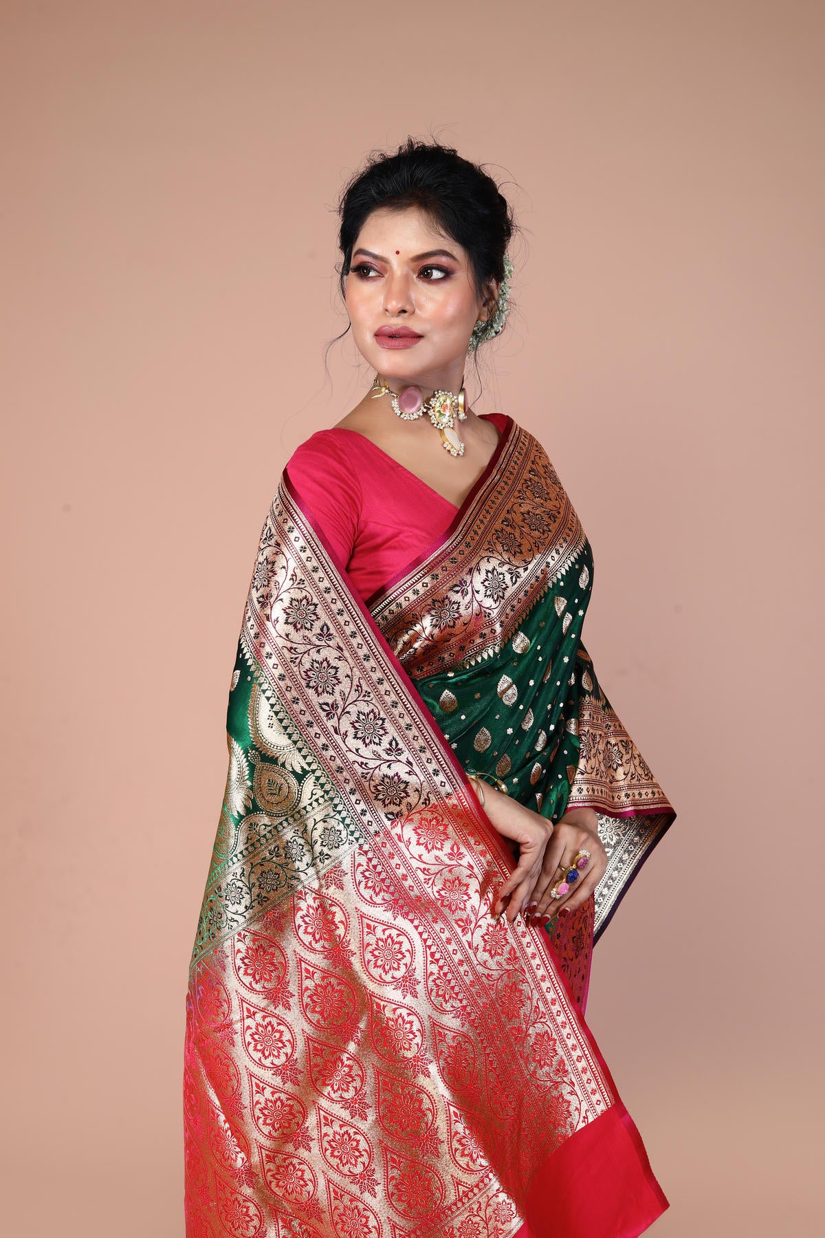 Green-Red Banarasi Semi-Silk Saree with Zari work