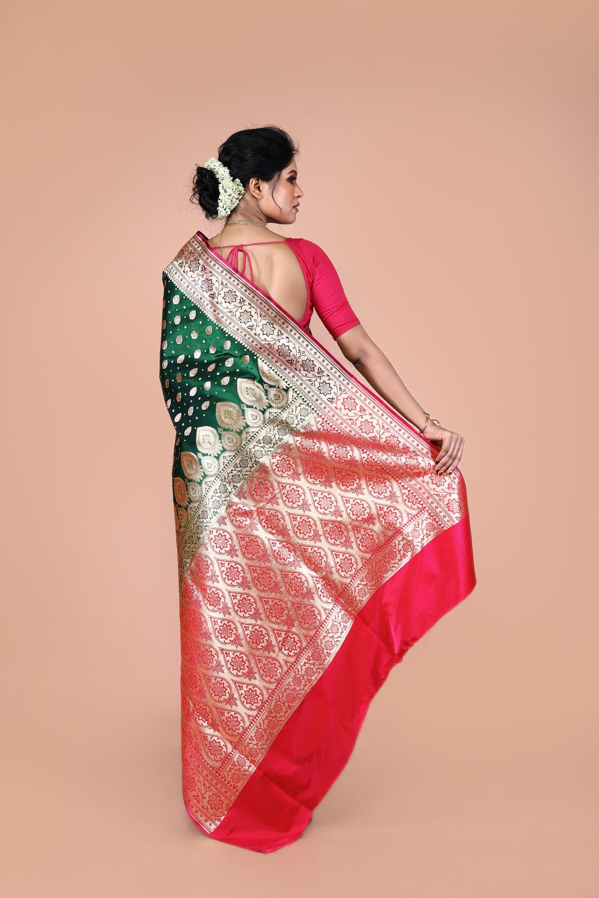 Green-Red Banarasi Semi-Silk Saree with Zari work