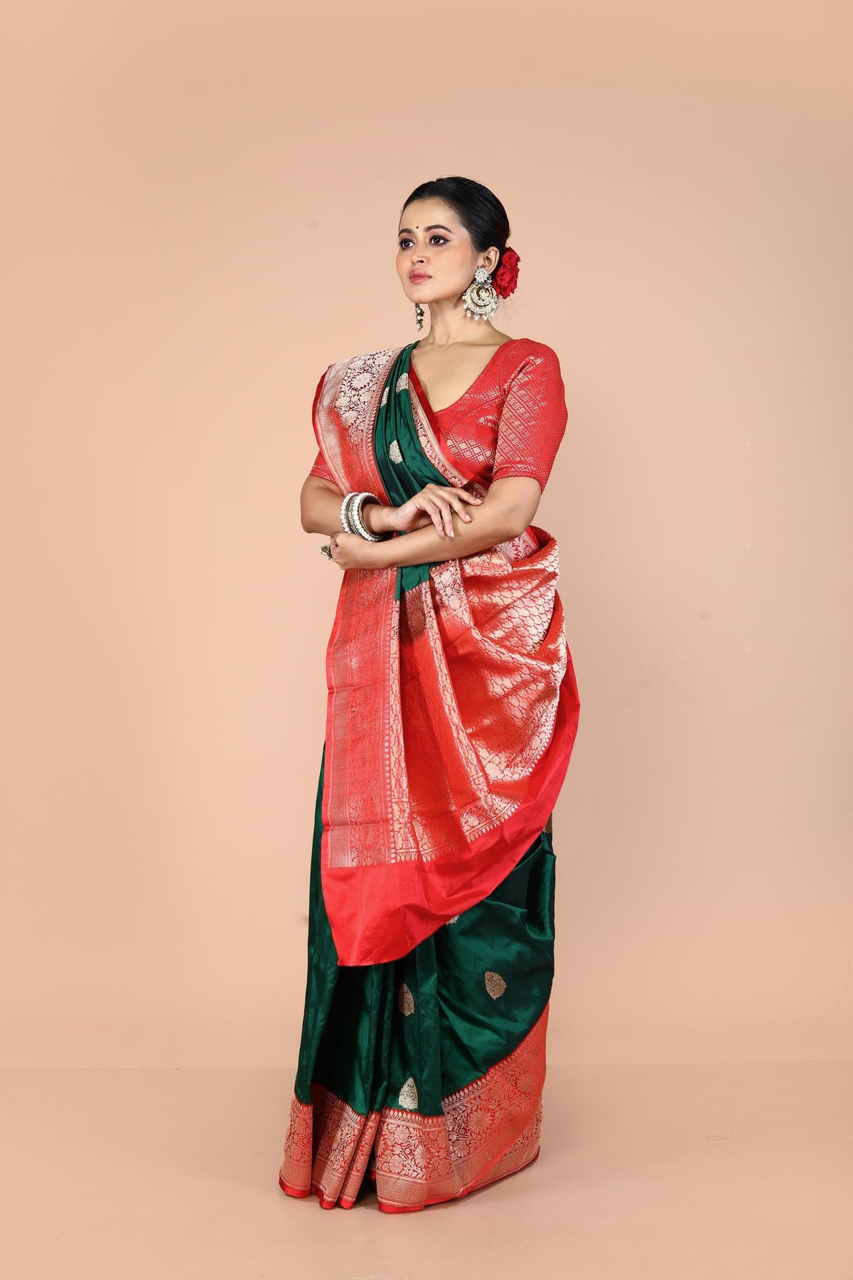 Red Bottle Green Pure Katan Silk Banarasi Handloom Saree with Zari work