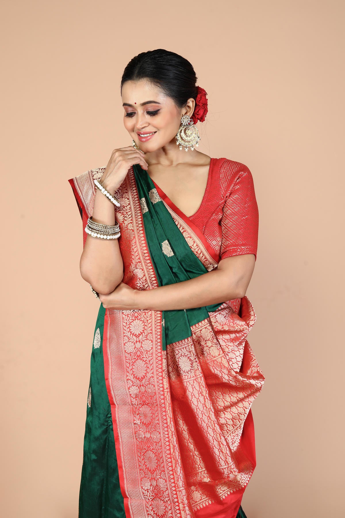 Red Bottle Green Pure Katan Silk Banarasi Handloom Saree with Zari work
