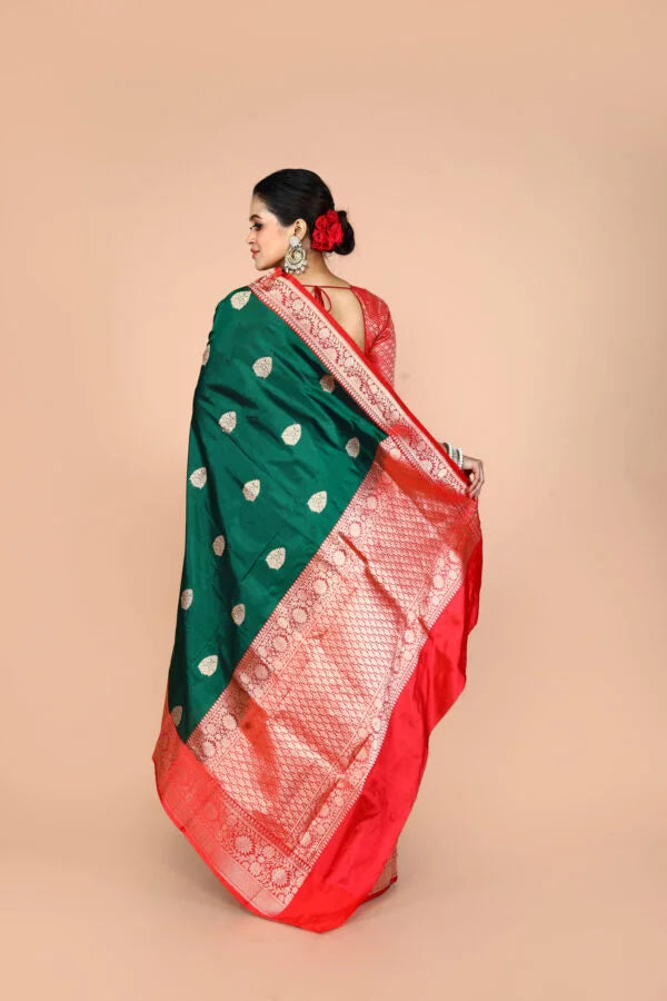 Bottle Green-Red Pure Katan Silk Banarasi Handloom Saree with Zari work