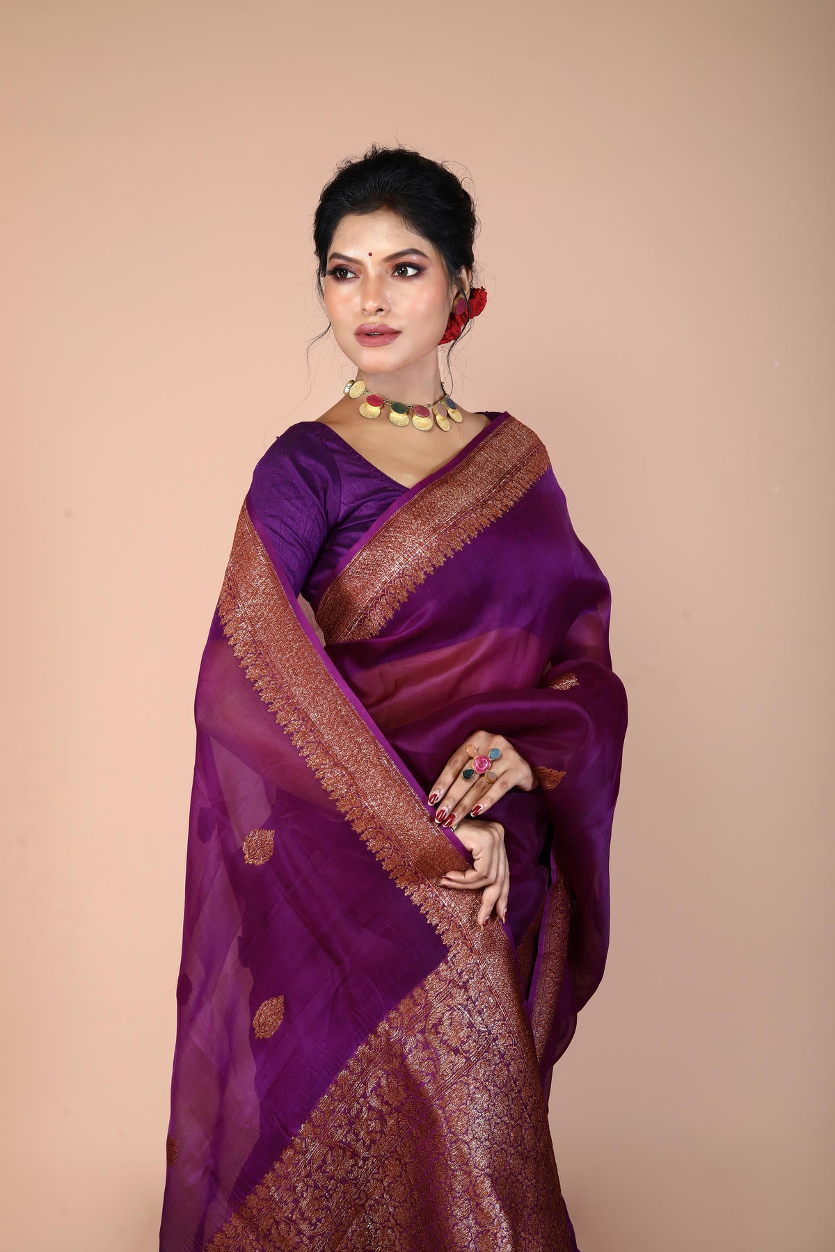 Magenta Pure Organza Silk Banarasi Handloom Saree with Zari work