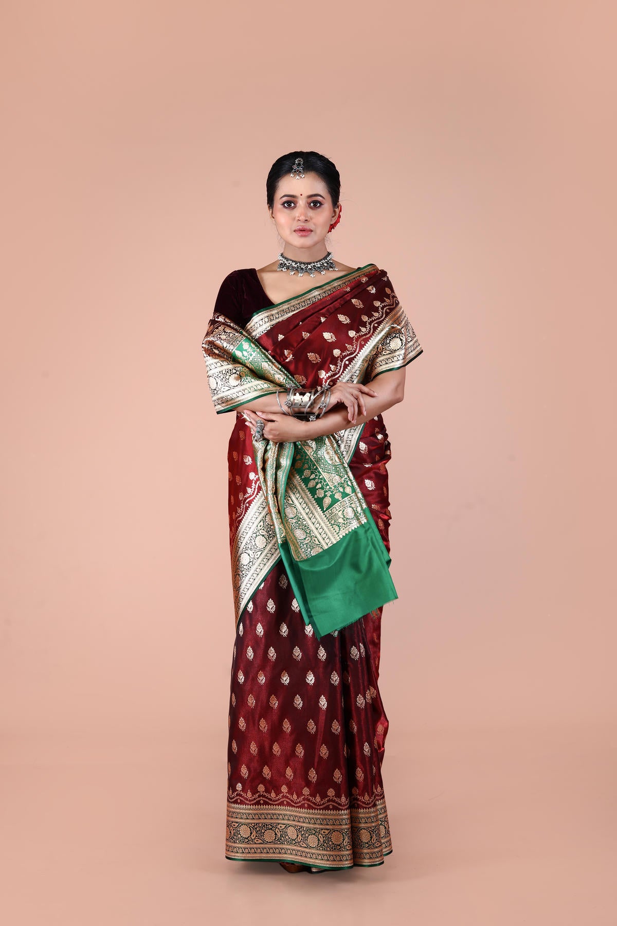 Green-Maroon Banarasi Semi-Silk Saree with Zari work