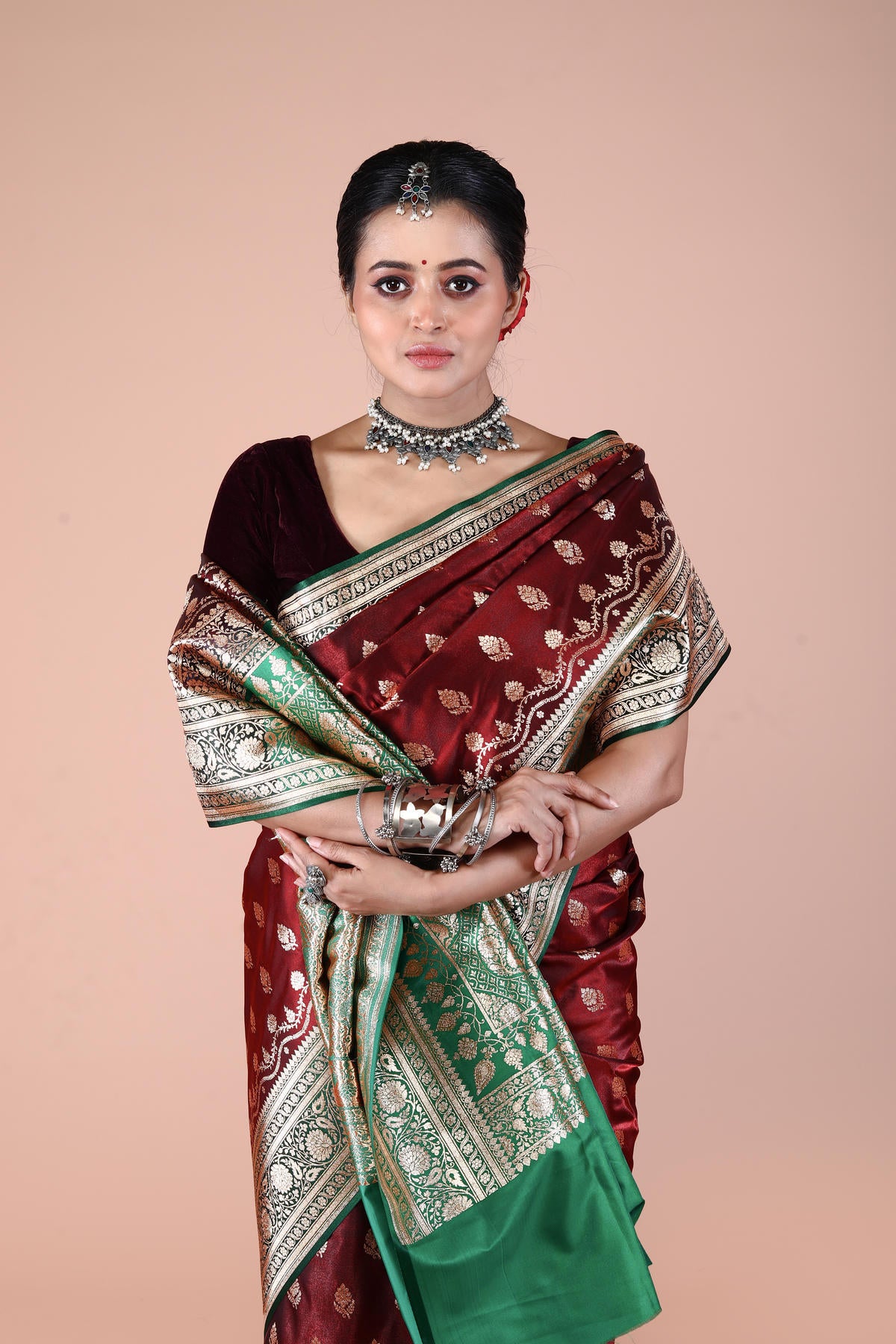 Green-Maroon Banarasi Semi-Silk Saree with Zari work