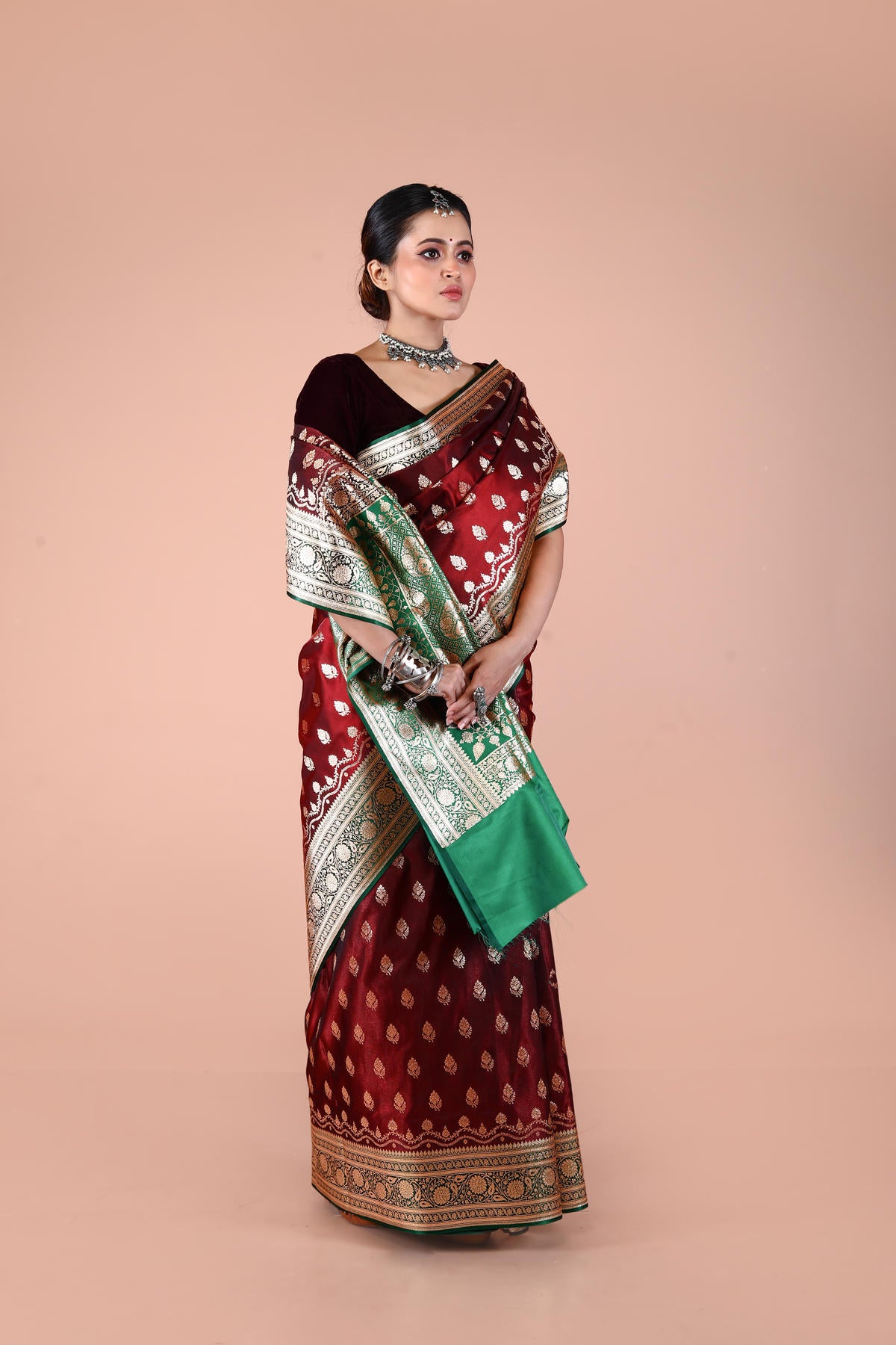 Green-Maroon Banarasi Semi-Silk Saree with Zari work