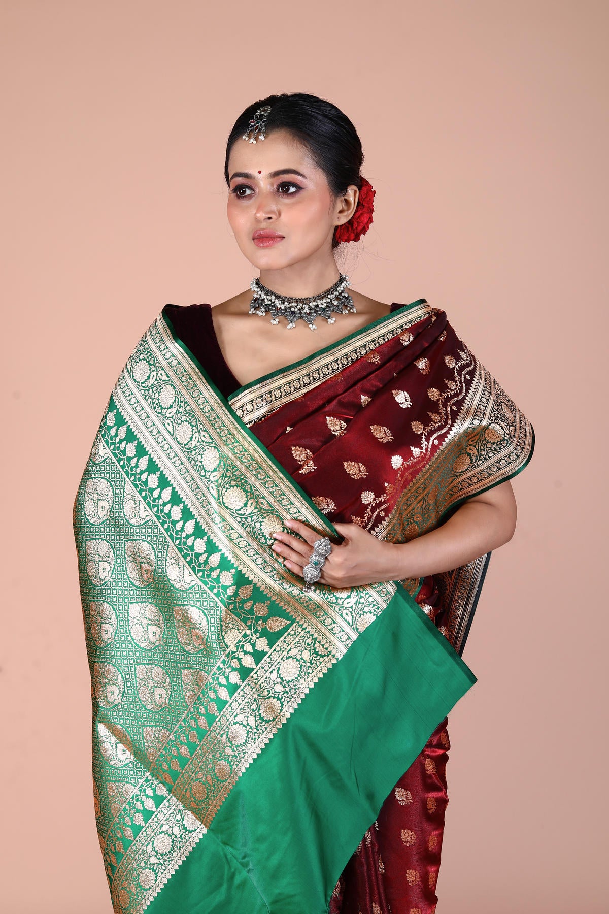 Green-Maroon Banarasi Semi-Silk Saree with Zari work