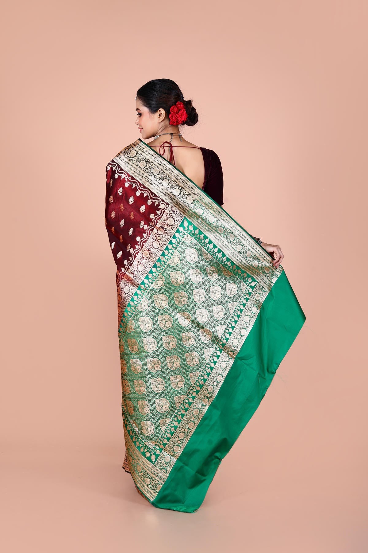 Green-Maroon Banarasi Semi-Silk Saree with Zari work