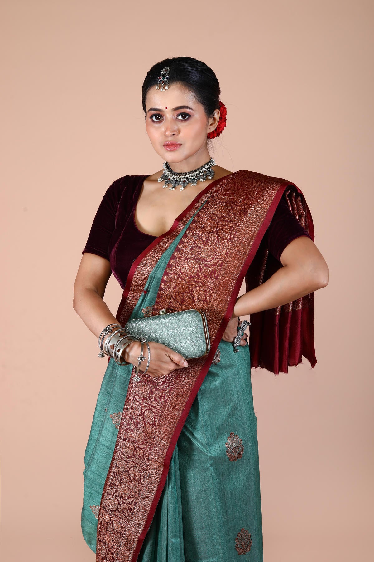 Dual Color Pure Tusser Silk Banarasi Handloom Saree with Zari work