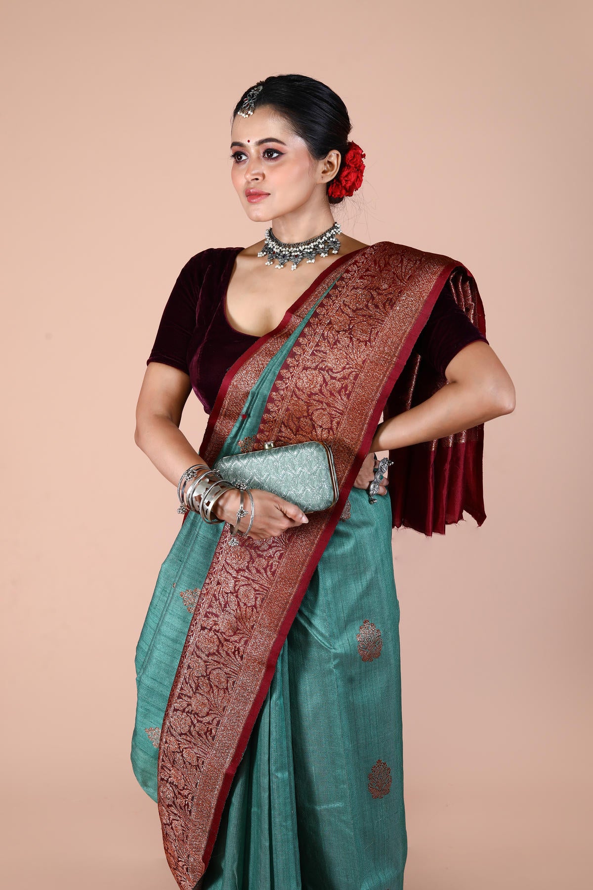 Dual Color Pure Tusser Silk Banarasi Handloom Saree with Zari work
