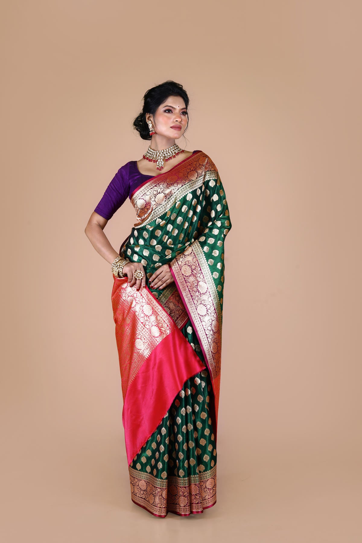 Green-Red Banarasi Semi-Silk Saree with Zari work