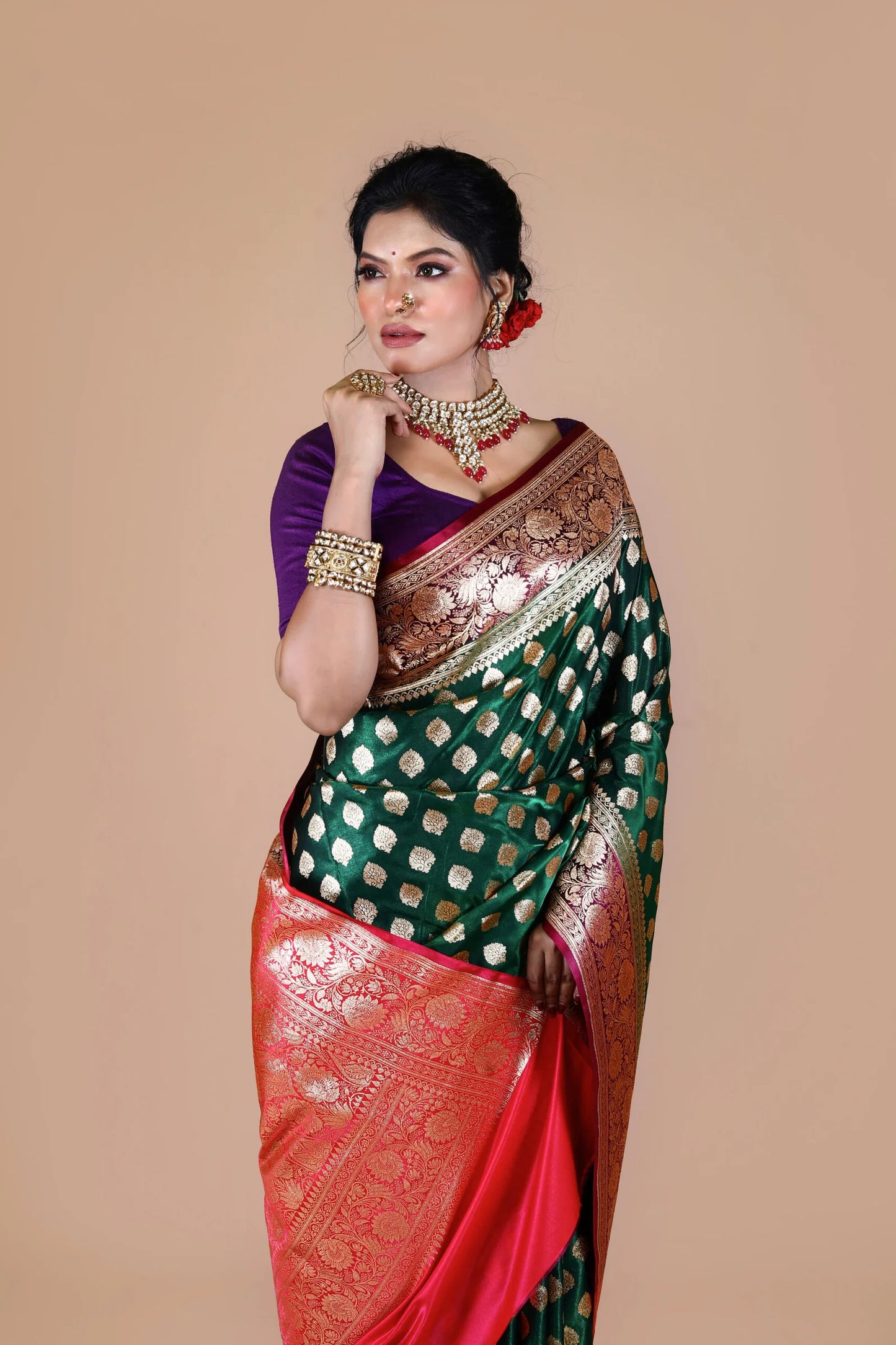 Pink-Green Banarasi Blended Silk Saree with Zari work