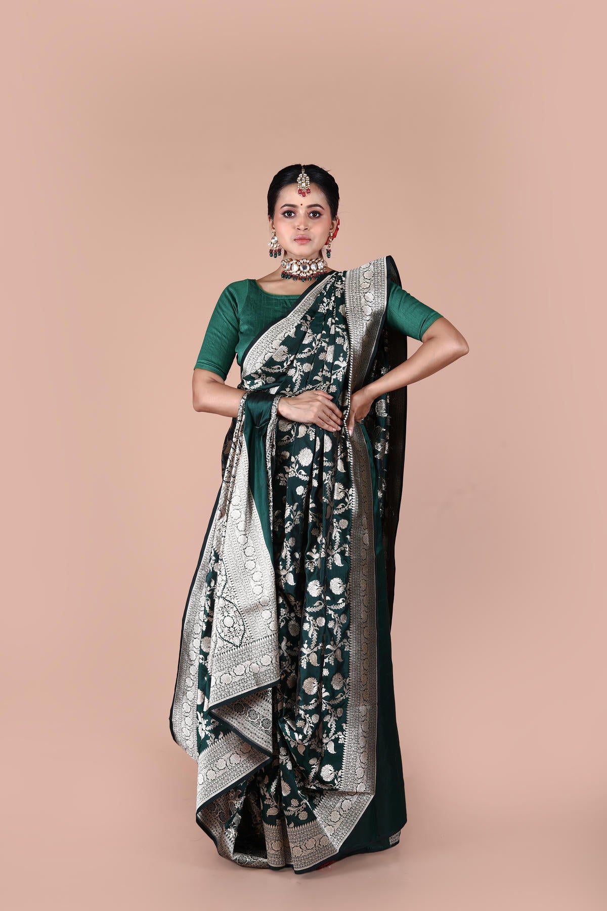 Bottle Green Pure Katan Silk Banarasi Handloom Saree with Zari work
