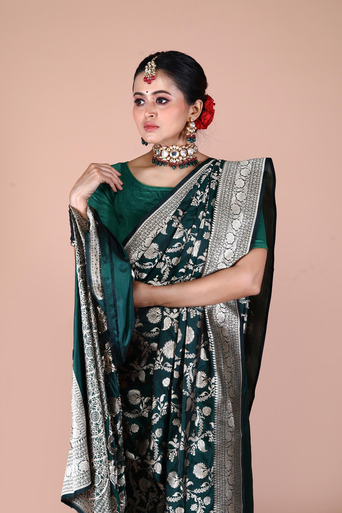 Bottle Green Pure Katan Silk Banarasi Handloom Saree with Zari work