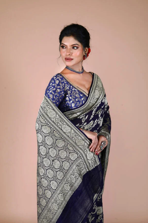 Navy Blue Pure Chiffon Silk Khaddi Georgette Banarasi Handloom Saree with Zari work