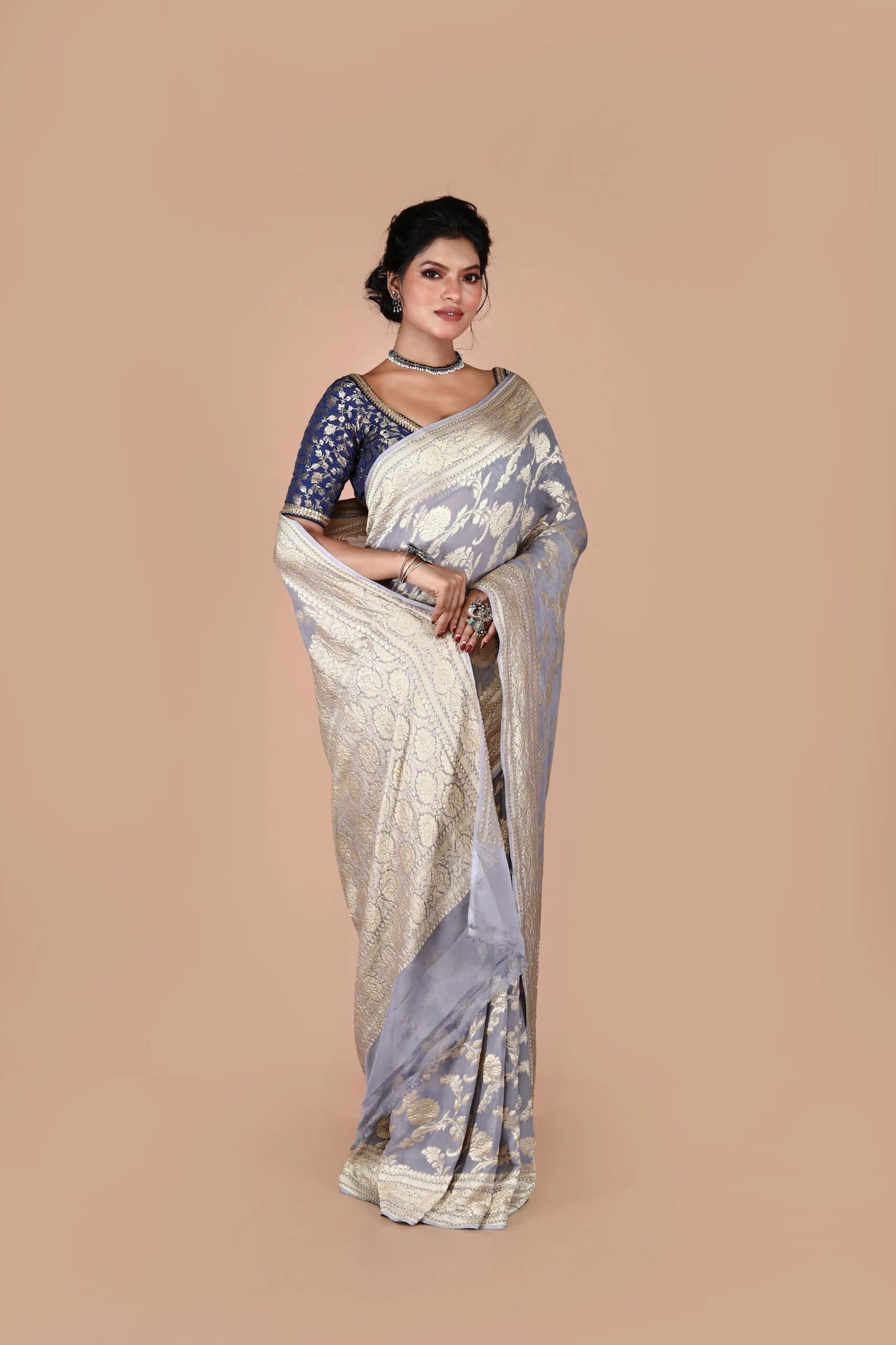 Grey Pure Chiffon Silk Khaddi Georgette Banarasi Handloom Saree with Zari work