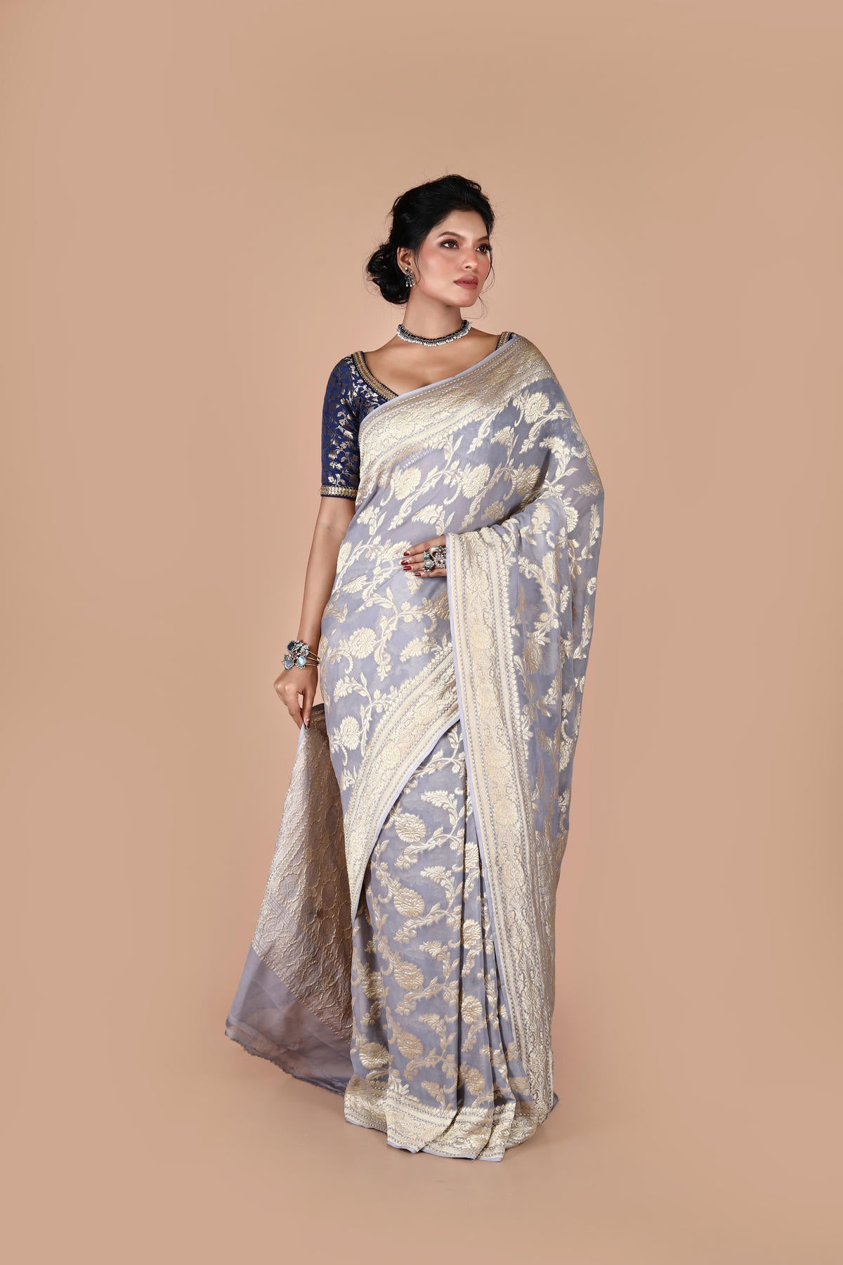 Grey Pure Chiffon Silk Khaddi Georgette Banarasi Handloom Saree with Zari work