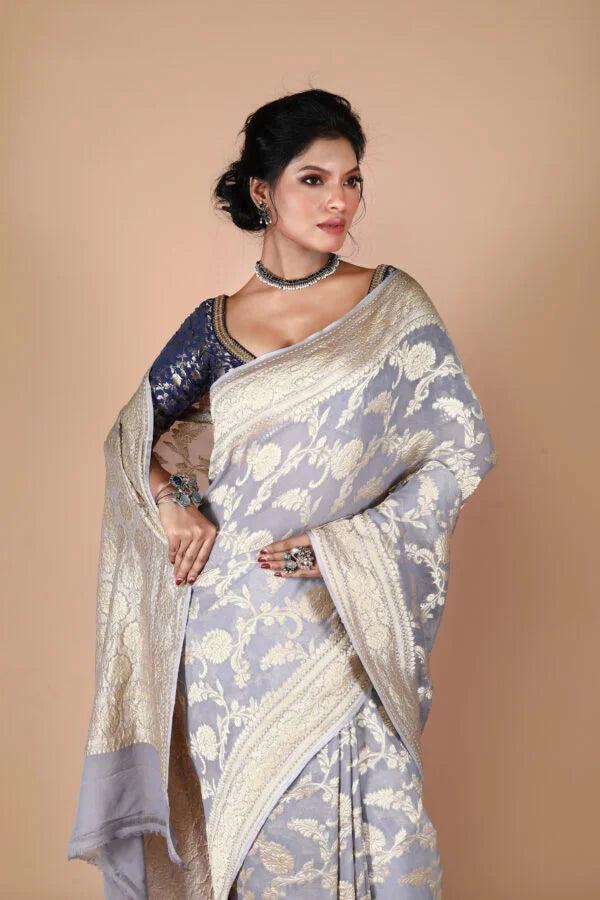 Grey Pure Chiffon Silk Khaddi Georgette Banarasi Handloom Saree with Zari work