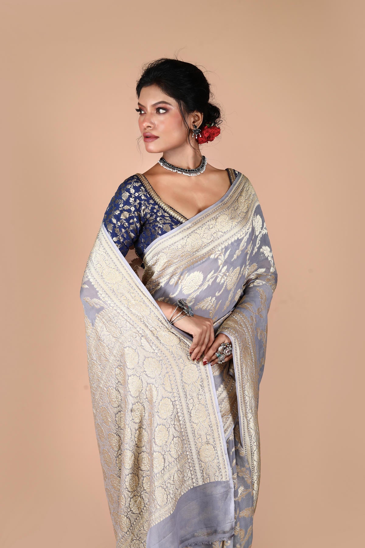 Grey Pure Chiffon Silk Khaddi Georgette Banarasi Handloom Saree with Zari work