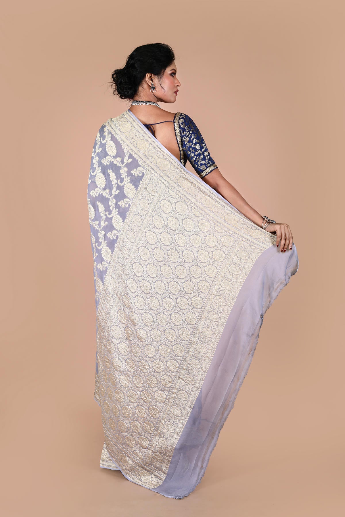 Grey Pure Chiffon Silk Khaddi Georgette Banarasi Handloom Saree with Zari work
