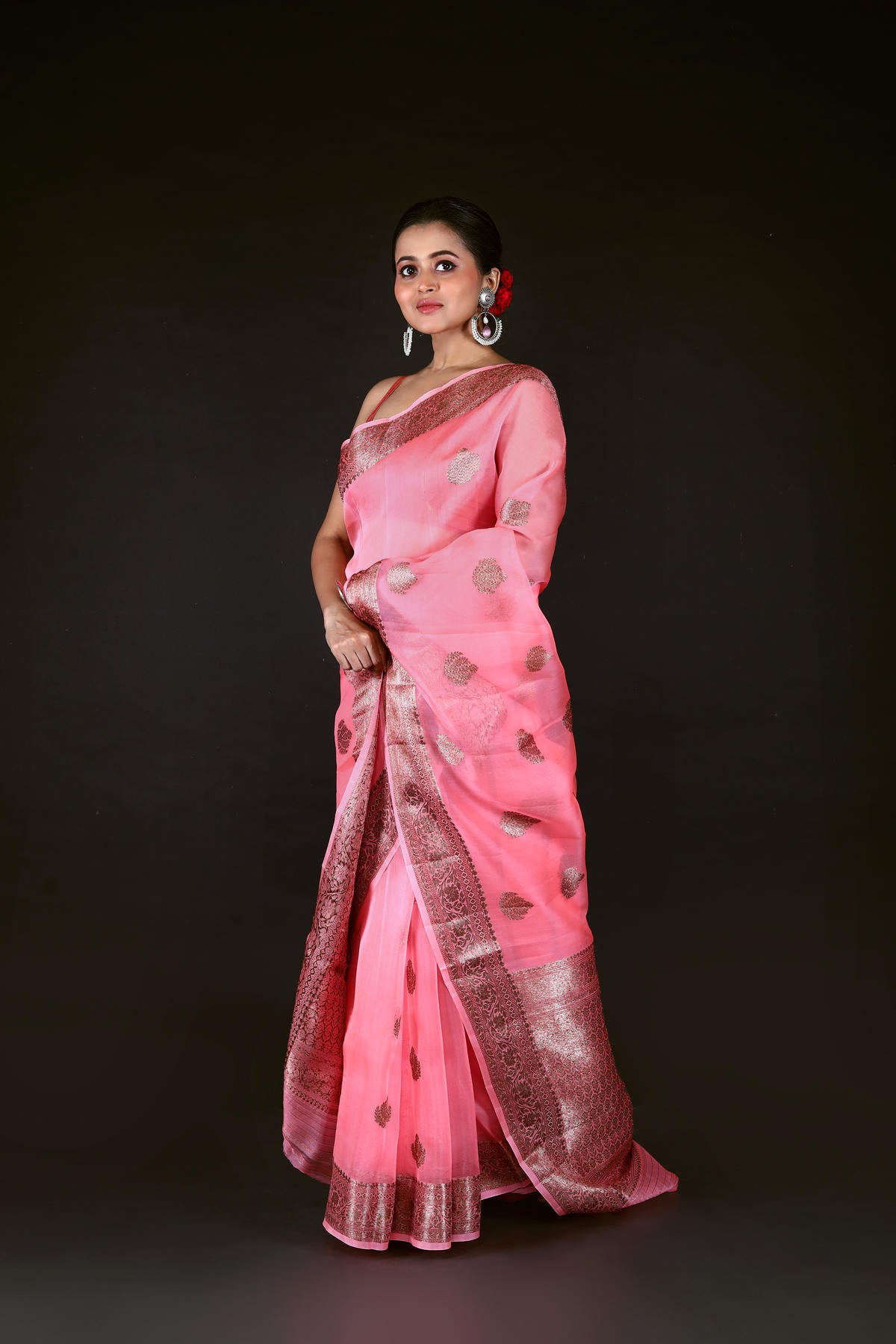 Pink Pure Organza Silk Banarasi Handloom Saree with Zari work